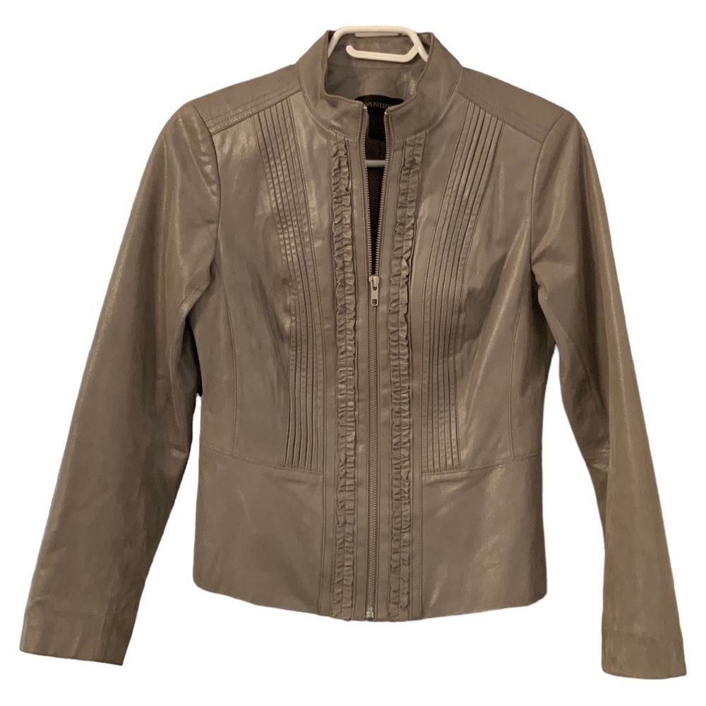 Danier Leather Jacket Sand Print Metallic Pearlized Colors Ruffle Pleated